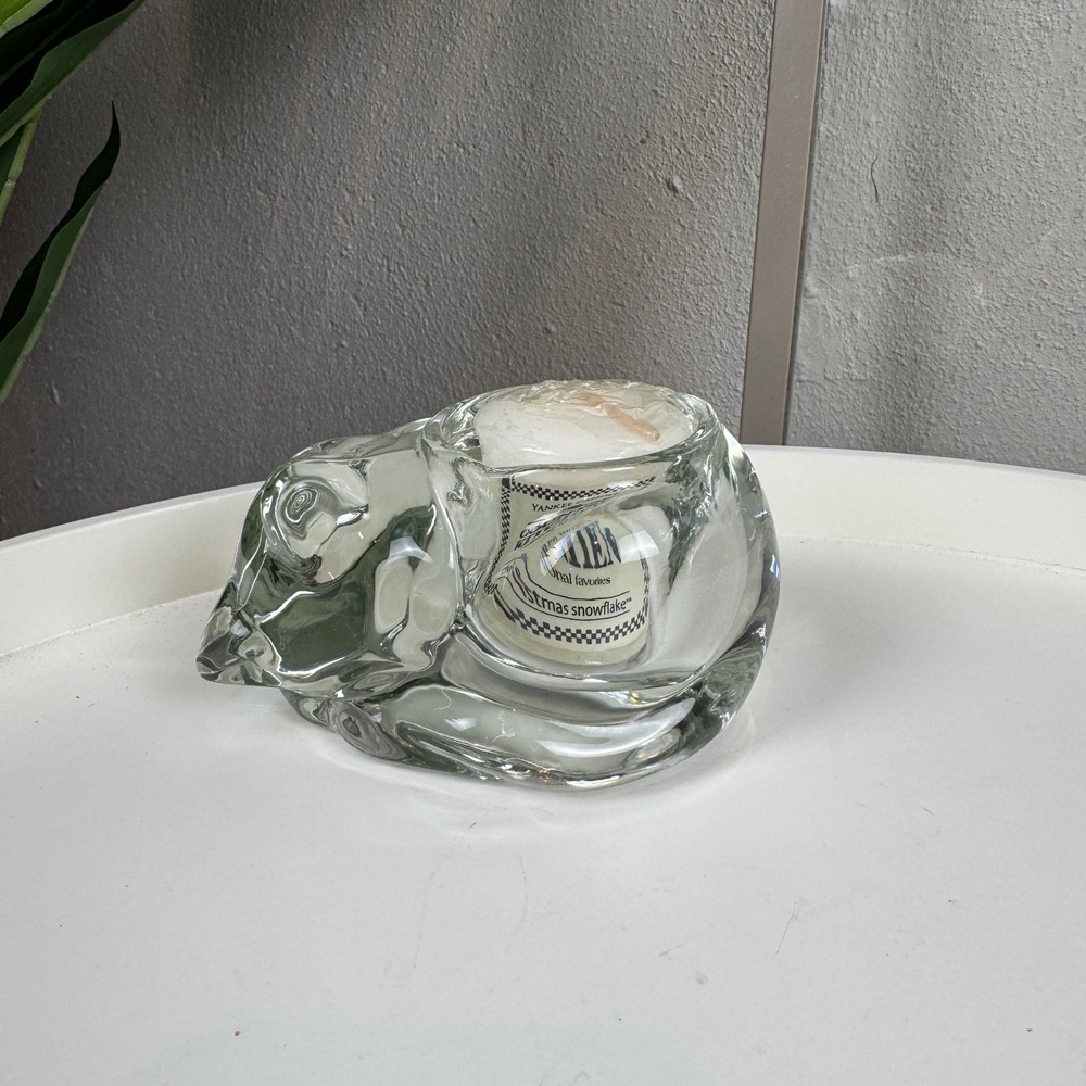 Cottagecore Cozy Vintage Indiana Glass Clear Sleepy Cat Votive Candle Holder